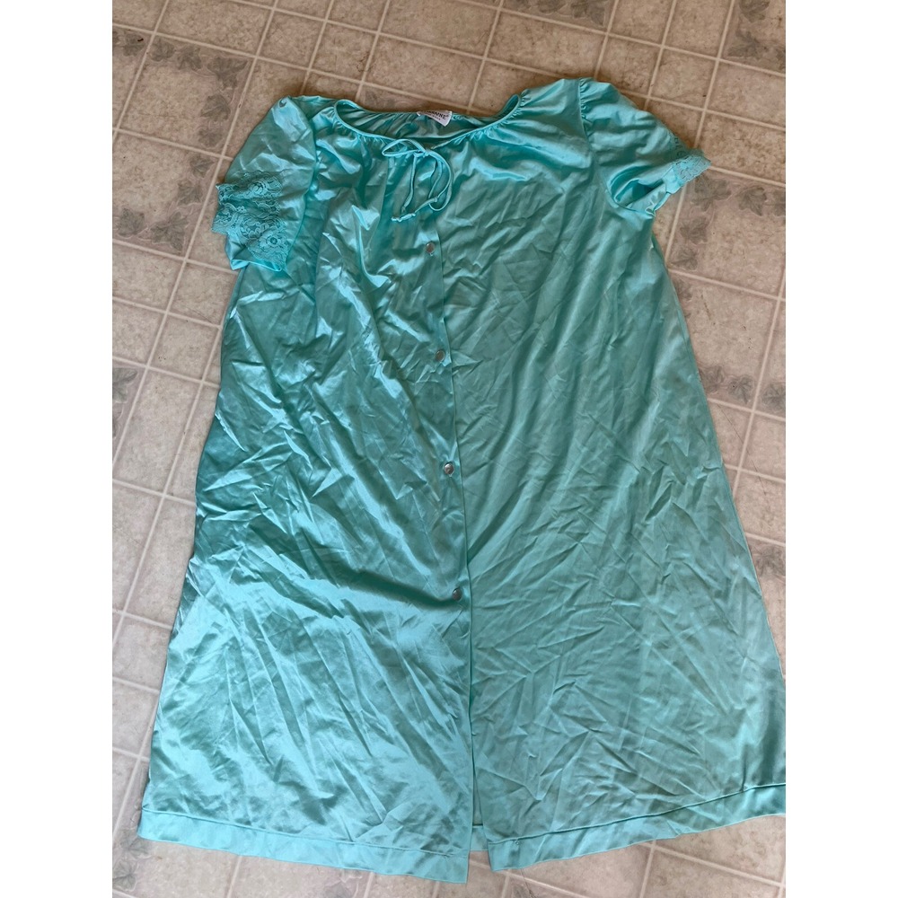 Vintage LORRAINE Medium Nightgown/Robe/House Coat Aqua Hand Pocket Lace Sleeves